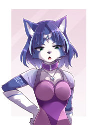Rule 34 | 1girl, adapted costume, animal ears, animal nose, aqua eyes, arm tattoo, blue fur, blue gemstone, blue hair, body fur, border, breasts, circlet, cleavage cutout, clothing cutout, collarbone, earpiece, female focus, fox ears, fox girl, furry, furry female, gem, gloves, gradient background, half-closed eyes, hand on own hip, highres, krystal, looking to the side, medium breasts, multicolored hair, multicolored shirt, namagaki yukina, nintendo, open mouth, outline, outside border, pink shirt, purple background, purple shirt, raglan sleeves, shirt, short hair, short sleeves, simple background, solo, standing, star fox, star fox command, streaked hair, tattoo, two-tone fur, two-tone hair, upper body, white border, white fur, white gloves