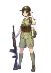 Rule 34 | 1girl, absurdres, adjusting clothes, adjusting headwear, bag, bandaid, bandaid on arm, bandaid on hand, blood, blood on clothes, breasts, brown footwear, brown hair, chinese commentary, closed mouth, collared shirt, full body, green bag, green hat, green jacket, green shorts, gun, hand up, hat, highres, holding, holding gun, holding weapon, jacket, kuomintang, leg wrap, light machine gun, looking at viewer, medium breasts, military, military hat, military uniform, original, shirt, shoes, short hair, short sleeves, shorts, shoulder bag, sig ke-7, simple background, solo, standing, tuziki sang, uniform, weapon, white background, white shirt, yellow eyes