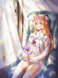 Rule 34 | 1girl, armchair, bad id, bad pixiv id, blonde hair, blush, chair, choker, curtains, flower, garter straps, green eyes, head wreath, highres, holding, kone (user rcvz8745), lace, long hair, looking at viewer, navel, original, panties, parted lips, pointy ears, see-through, sitting, solo, sunlight, thighhighs, underwear, white panties, white thighhighs, wind