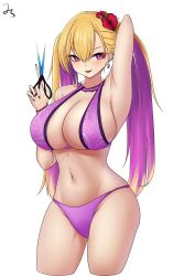 Rule 34 | 1girl, absurdres, arm up, armpits, bikini, blonde hair, boryeon (last origin), breasts, cleavage, ear piercing, earrings, flower, hair flower, hair ornament, highres, jewelry, jungtong, large breasts, last origin, lips, multicolored hair, parted lips, piercing, purple bikini, purple eyes, purple hair, scissors, solo, swimsuit, thighs, twintails, white background