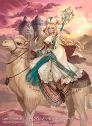 Rule 34 | 1girl, bad id, bad pixiv id, banamons, blonde hair, blue eyes, camel, cape, copyright name, desert, dress, earrings, hat, jewelry, last chronicle, long hair, looking at viewer, reins, riding, staff, sun, white dress