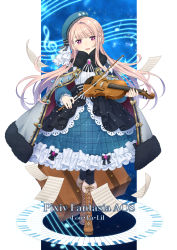 Rule 34 | + +, 1girl, :d, beamed eighth notes, black legwear, blue dress, boots, bow (music), braid, brooch, brown footwear, capelet, character name, cloak, coat, copyright name, dress, frilled dress, frills, grey coat, highres, instrument, jewelry, long hair, long sleeves, looking at viewer, lou la lil, luggage, musical note, open mouth, pixiv fantasia, pixiv fantasia age of starlight, purple eyes, quarter note, sheet music, smile, solo, treble clef, violin, yonedanico