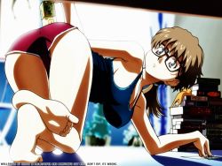 Rule 34 | 00s, 1girl, all fours, armpits, ass, bare shoulders, barefoot, blouse, blue eyes, book, bottle, breasts, brown hair, cameltoe, cleavage, feet, frog, from behind, glasses, halterneck, indoors, ishihama masashi, large breasts, looking back, no bra, official art, official wallpaper, ponytail, r.o.d the tv, read or die, shirt, short shorts, shorts, sideboob, soles, solo, stuffed animal, stuffed toy, sumiregawa nenene, tank top, wallpaper, watermark