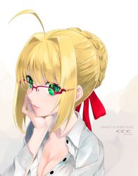 Rule 34 | 10s, 1girl, ahoge, blonde hair, braid, breasts, cleavage, fate/extra, fate/extra ccc, fate (series), french braid, glasses, green eyes, hair intakes, head rest, nero claudius (fate), nero claudius (fate) (all), nero claudius (fate/extra), red-framed eyewear, ribbon, shirotsumekusa