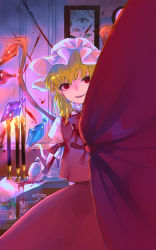 Rule 34 | 1girl, blonde hair, blood, bow, bowtie, candle, commentary, cowboy shot, crystal, cup, curtains, fang, fire, flandre scarlet, food, glowing, hat, highres, jar, looking at viewer, medium hair, mob cap, painting (object), parted lips, puffy short sleeves, puffy sleeves, red bow, red bowtie, red eyes, red ribbon, red skirt, red vest, ribbon, ringocha, short sleeves, skirt, skirt set, smile, solo, spill, sweets, table, teacup, teapot, teeth, touhou, upper teeth only, vest, white hat, wings