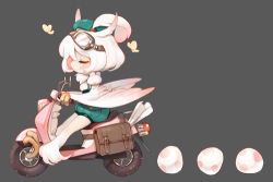 Rule 34 | 1girl, animal ears, animal hands, bird ears, bird legs, bug, butterfly, chibi, closed eyes, driving, egg, feathered wings, feathers, goggles, goggles on head, grey background, harpy, insect, kyuri tizu, lowres, medium hair, monster girl, moped, motor vehicle, original, smile, solo, talons, white hair, white wings, winged arms, wings