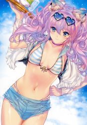 Rule 34 | 1girl, absurdres, bikini, bikini under clothes, closed mouth, cup, drinking glass, eyewear on head, food, glasses, hand on own hip, highres, holding, huge filesize, long hair, looking at viewer, min-naraken, pink hair, short shorts, shorts, solo, striped bikini, striped clothes, swimsuit, toranoana, tray