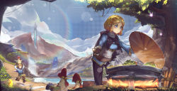 Rule 34 | 1boy, 1girl, absurdres, animal, animal on head, bird, bird on head, blonde hair, blue eyes, blue sky, campfire, cape, chicken, cloud, cloudy sky, commentary, cooking, cucco, day, dirt road, english commentary, fairy, fire, flower, grass, highres, joehongtee, light rays, link, mountain, nature, nintendo, on head, outdoors, pants, path, pointy ears, pot, princess zelda, rainbow, river, riverbank, road, running, short hair, sky, smile, sunbeam, sunlight, the legend of zelda, the legend of zelda: breath of the wild, the legend of zelda: tears of the kingdom, tower, tunic, water, waterfall