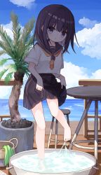 Rule 34 | 1girl, :o, barefoot, black hair, black sailor collar, black skirt, blush, brown neckwear, commentary request, day, hair between eyes, horizon, looking at viewer, ocean, original, outdoors, palm tree, parted lips, plant, pleated skirt, potted plant, purple eyes, railing, sailor collar, school uniform, serafuku, shirt, short sleeves, skirt, skirt hold, solo, standing, standing on one leg, stool, table, tree, water, white shirt, yuuhagi (amaretto-no-natsu)