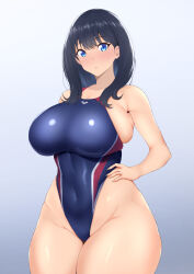 Rule 34 | 1girl, alternate breast size, arena (company), black hair, blue eyes, blue one-piece swimsuit, blush, breasts, commentary request, competition swimsuit, curvy, gridman universe, hand on own hip, highleg, highleg swimsuit, highres, huge breasts, large breasts, long hair, looking at viewer, multicolored clothes, multicolored swimsuit, one-piece swimsuit, ranhatu, sideboob, solo, ssss.gridman, straight hair, swimsuit, takarada rikka, thick thighs, thighs, wide hips