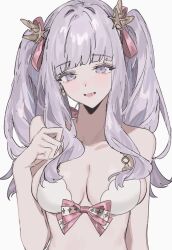 Rule 34 | 1girl, aogisa, azur lane, bare shoulders, bikini, bow, bow bikini, breasts, cleavage, collarbone, hair ornament, hair ribbon, highres, large breasts, light blush, long hair, looking at viewer, open mouth, pink bow, pink ribbon, plymouth (azur lane), plymouth (heart-throbbing refreshment) (azur lane), purple eyes, purple hair, ribbon, simple background, smile, solo, star (symbol), star hair ornament, striped, striped bow, swimsuit, twintails, upper body, white background, white bikini