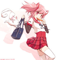 Rule 34 | 1girl, alternate costume, bag, bread, bread slice, breasts, chauke, contrapposto, creature, dot nose, feet out of frame, food, food in mouth, hair ribbon, hand to own mouth, hand up, holding, holding bag, holding food, kamihama university affiliated school uniform, kaname madoka, kyubey, layered sleeves, light blush, light smile, long sleeves, looking at viewer, mahou shoujo madoka magica, mouth hold, neck ribbon, pink eyes, pink hair, plaid, plaid skirt, pleated skirt, red sailor collar, red skirt, ribbon, sailor collar, school bag, school uniform, serafuku, short over long sleeves, short sleeves, simple background, skirt, small breasts, small kyubey, solo, tareme, thighhighs, toast, toast in mouth, twintails, uniform, white background, white thighhighs, zettai ryouiki
