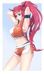 Rule 34 | 1girl, absurdres, blue eyes, gym shorts, heterochromia, highres, hololive, hololive english, horns, irys (hololive), long hair, multicolored hair, pointy ears, ponytail, purple eyes, purple hair, red hair, shorts, the raineman, tying hair, virtual youtuber