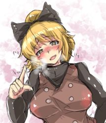 Rule 34 | 1girl, black bow, blonde hair, blush, bow, breasts, breath, brown eyes, hair bow, head tilt, kurodani yamame, long sleeves, looking at viewer, medium breasts, nose blush, open mouth, ototobe, short hair, solo, suggestive fluid, touhou, upper body