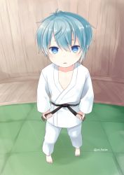 Rule 34 | 1boy, barefoot, blue eyes, blue hair, child, dougi, expressionless, foreshortening, from above, full body, indoors, karate gi, looking at viewer, male focus, original, os (os fresa), sash, solo, souta (os), standing, twitter username