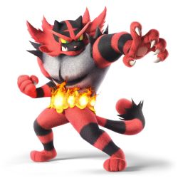Rule 34 | 3d, absurdres, animal ears, arm up, cat ears, cat tail, claws, clenched hand, clenched teeth, colored sclera, creatures (company), fire, full body, furry, game freak, gen 7 pokemon, green eyes, hand up, highres, huge filesize, incineroar, legs apart, nintendo, official art, outstretched arm, pokemon, pokemon (creature), sharp teeth, simple background, smile, solo, striped, super smash bros., tail, teeth, transparent background, yellow sclera