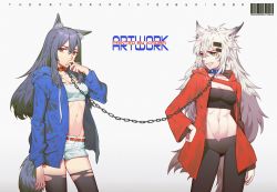 Rule 34 | 2girls, alternate costume, animal ear fluff, animal ears, arknights, artist name, bandeau, barcode, belt, black hair, black leggings, black pants, blue choker, blue jacket, breasts, brown eyes, chain, chain leash, chinese commentary, choker, cigarette, cleavage, commentary request, cowboy shot, drawstring, earrings, gradient background, grey background, grey eyes, grin, groin, hair ornament, hairclip, hand on own hip, hand up, highres, holding, holding cigarette, hood, hooded jacket, jacket, jewelry, lappland (arknights), leash, leggings, long hair, looking at another, looking at viewer, midriff, multiple girls, navel, open clothes, open jacket, pants, pocket, red belt, red choker, red jacket, short shorts, shorts, sidelocks, silver hair, small breasts, smile, standing, stomach, strapless, tail, texas (arknights), thighhighs, thighs, tube top, very long hair, white shorts, wolf ears, wolf tail, xiao ba