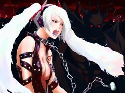 Rule 34 | 1girl, bad id, bad pixiv id, breasts, chain, collar, demon, hagane miku, hagane vocaloid, hatsune miku, large breasts, nanahime, red eyes, solo, vocaloid, white hair