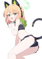 Rule 34 | 1girl, absurdres, animal ear headphones, animal ears, ass, bare arms, bare legs, bikini, black bikini, blonde hair, blue archive, blush, cat tail, fake animal ears, feet out of frame, frilled bikini, frills, green eyes, green halo, hagoonha, halo, headphones, highres, midori (blue archive), open mouth, short hair, simple background, smile, solo, swimsuit, tail, white background