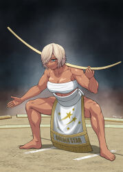 Rule 34 | 1girl, binder, blonde hair, blue eyes, borrowed character, breasts, commission, covered eyes, dark skin, japanese clothes, large breasts, muscular, muscular female, original, pixiv commission, sage tory, short hair, signature, skeb commission, sumo, sumo girl, tagme