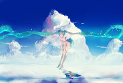 Rule 34 | 1girl, aqua hair, bad id, bad pixiv id, cloud, czc (deko), day, closed eyes, floating, floating hair, grin, hatsune miku, headphones, headset, high heels, highres, long hair, reflection, see-through, shoes, skirt, sky, smile, solo, twintails, very long hair, vocaloid