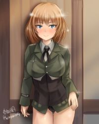 Rule 34 | 10s, 1girl, artist name, bad id, bad twitter id, black panties, black ribbon, blue eyes, brave witches, brown hair, closed mouth, dress shirt, green jacket, green shirt, gundula rall, haruhata mutsuki, jacket, long sleeves, looking at viewer, military, military uniform, no pants, panties, ribbon, shirt, short hair, signature, smile, solo, standing, thigh gap, twitter username, underwear, uniform, world witches series