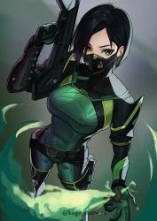 Rule 34 | 1girl, absurdres, animification, belt, black hair, bob cut, bodysuit, breasts, covered mouth, gloves, green bodysuit, green eyes, green gloves, gun, hand up, highres, holding, holding gun, holding weapon, kagematsuri, large breasts, looking at viewer, mask, medium hair, smoke, solo, thighhighs, valorant, viper (valorant), weapon