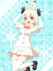 Rule 34 | 1girl, :d, absurdres, animal ears, arms up, black footwear, boots, bow, bowtie, commentary, footwear bow, fur-trimmed legwear, fur-trimmed sleeves, fur collar, fur trim, gloves, highres, jumping, kemono friends, looking at viewer, mountain hare (kemono friends), open mouth, patterned background, pink bow, pink bowtie, pleated skirt, rabbit ears, rabbit girl, rabbit pose, rabbit tail, red eyes, shiraha maru, short hair, short sleeves, signature, simple background, skirt, smile, snowflake background, solo, tail, thighhighs, white hair, white skirt, white thighhighs, zettai ryouiki