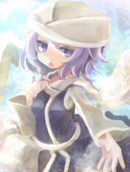 Rule 34 | 1girl, chii (tsumami tsumamare), day, female focus, hat, highres, letty whiterock, light purple hair, long sleeves, looking away, no nose, open mouth, outstretched hand, purple eyes, purple hair, short hair, sky, solo, sunlight, touhou, wide sleeves