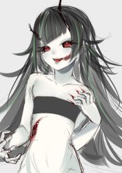 Rule 34 | 1girl, nanashi inc., alternate skin color, bandeau, black bandeau, black hair, black sclera, blood, colored sclera, colored skin, commentary, cuts, demon girl, demon horns, doryudory, english commentary, flat chest, green hair, grey background, highres, horns, injury, long hair, looking at viewer, multicolored hair, one-hour drawing challenge, open mouth, pointy ears, red eyes, scratches, scratching, shishio chris, simple background, sketch, smile, solo, sugar lyric, two-tone hair, upper body, virtual youtuber, white skin