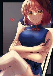 Rule 34 | 1girl, absurdres, bag, blue dress, brown eyes, china dress, chinese clothes, closed mouth, crossed arms, crossed legs, dress, grey background, hair between eyes, heart, highres, holding, holding syringe, kohaku (tsukihime), looking at viewer, red hair, shimotsukishin, short dress, short hair, sitting, sleeveless, sleeveless dress, smile, solo, syringe, thighhighs, tsukihime, white thighhighs