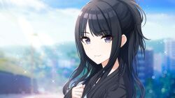 Rule 34 | 1girl, black hair, black sweater, blue sky, blurry, blurry background, bokeh, clenched hand, closed mouth, depth of field, eyelashes, game cg, half updo, hand on own chest, idolmaster, idolmaster shiny colors, kazano hiori, light smile, long hair, looking at viewer, looking back, mole, mole under mouth, official art, outdoors, purple eyes, shirt, sidelocks, sky, smile, solo, sparkle, sweater, upper body