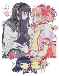 Rule 34 | 2girls, ^ ^, akemi homura, black hair, black hairband, black pantyhose, blush, bow, bowtie, brown jacket, chibi, chibi inset, choker, closed eyes, commentary, dress, dress bow, ear piercing, frilled dress, frills, gloves, hair bow, hairband, heart, highres, jacket, jigsaw puzzle, kaname madoka, long hair, looking at another, magical girl, mahou shoujo madoka magica, mahou shoujo madoka magica (anime), mitakihara school uniform, multiple girls, multiple views, open mouth, pantyhose, parted lips, piercing, pink bow, pink dress, pink eyes, pink hair, pleated skirt, puffy short sleeves, puffy sleeves, purple eyes, puzzle, red bow, red bowtie, red choker, school uniform, sharpycharot, short sleeves, skirt, soul gem, twintails, white gloves, yuri