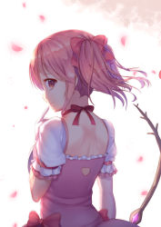 Rule 34 | 1girl, absurdres, backlighting, branch, check commentary, cherry blossoms, choker, closed mouth, commentary request, day, dress, finger to mouth, from behind, gem, gloves, hand up, heart, highres, kaname madoka, looking at viewer, looking back, magical girl, mahou shoujo madoka magica, mahou shoujo madoka magica (anime), petals, pink dress, pink eyes, pink hair, red choker, red ribbon, ribbon, ribbon choker, short hair, short sleeves, short twintails, shoulder blades, smile, solo, sunlight, twintails, upper body, white background, white gloves, ye zi you bei jiao ju ge