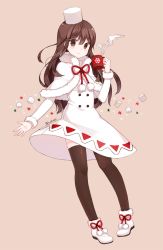 Rule 34 | 1girl, bad id, bad pixiv id, black thighhighs, blush, brown eyes, brown hair, capelet, cocoa cookie, cookie run, cup, diten, dress, food, full body, hat, long hair, looking at viewer, marshmallow, mug, smile, snowflakes, solo, thighhighs, twitter username, white dress
