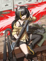Rule 34 | 1girl, among us, animal ear fluff, animal ears, assault rifle, bare shoulders, black hair, black legwear, cat ears, cat girl, cat tail, cheogtanbyeong, commentary request, cosplay, eyepatch, fang, girls&#039; frontline, gloves, green eyes, gun, highres, holding, holding gun, holding weapon, indoors, karyl (princess connect!), long hair, looking at viewer, m16, m16a1, m16a1 (girls&#039; frontline), multicolored hair, off shoulder, open mouth, princess connect!, rifle, shorts, sitting, solo, streaked hair, submachine gun, sweatdrop, tail, very long hair, weapon, white hair