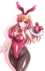 Rule 34 | 1girl, alternate costume, animal ears, black pantyhose, blush, bow, bowtie, breasts, cleavage, colored shadow, detached collar, fake animal ears, gundam, gundam seed, gundam seed destiny, hair ornament, haro, holding, holding tray, large breasts, leotard, long hair, looking at viewer, meer campbell, pantyhose, pink hair, playboy bunny, purple eyes, rabbit ears, rabbit tail, red leotard, shadow, shiny clothes, sidelocks, simple background, smile, star (symbol), star hair ornament, tail, tonpuu, tray, white background, wrist cuffs