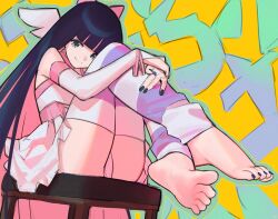 Rule 34 | 1girl, barefoot, black hair, blue eyes, blue nails, blunt bangs, bow, closed mouth, dress, feet, hair bow, highres, leggings, legs, long hair, multicolored hair, nail polish, panties, panty &amp; stocking with garterbelt, pink bow, pink hair, simple background, sitting, smile, soles, solo, songchuan li, spread toes, stocking (psg), striped, striped leggings, toenail polish, toenails, toes, underwear, very long hair, white panties