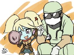 Rule 34 | 1boy, 1girl, armor, blue skin, colored skin, fist bump, glasses, gloves, latex, latex gloves, league of legends, leng wa guo, long hair, mask, medical scrubs, mirror, mouth mask, pointy ears, poppy (league of legends), shen (league of legends), surgeon, surgeon shen, surgical mask, twintails, white hair, yordle