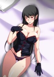 Rule 34 | 1girl, absurdres, bare shoulders, bed, bed sheet, black gloves, black hair, bow, bow panties, breasts, closed mouth, collarbone, demon girl, female focus, from above, gloves, gluteal fold, half-closed eyes, highres, large breasts, legs together, lips, lipstick, long hair, looking at viewer, lying, makeup, on back, on bed, panties, pillow, pointy ears, purple lips, red eyes, solo, thigh gap, underwear