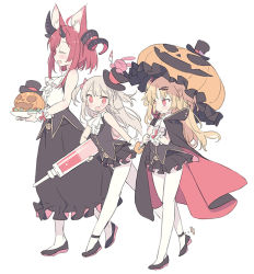 Rule 34 | 3girls, :d, akatsuki uni, animal ear fluff, ascot, asymmetrical horns, bare shoulders, black cape, black footwear, black hat, black skirt, black vest, blade (galaxist), blonde hair, blood, blush, bow, breasts, brown hair, cape, closed eyes, closed mouth, commentary request, crossover, curled horns, fang, hair bow, hair ornament, hairclip, hat, holding, holding plate, holding syringe, holding umbrella, horns, jack-o&#039;-lantern, knife, large syringe, long hair, long skirt, magrona, magrona channel, medium breasts, mini hat, mini top hat, multicolored cape, multicolored clothes, multiple crossover, multiple girls, natori sana, open mouth, orange umbrella, oversized object, pantyhose, plaid, plate, pleated skirt, red bow, red cape, red eyes, red hair, sana channel, shirt, shoes, simple background, skirt, sleeveless, sleeveless shirt, smile, standing, standing on one leg, stuffed animal, stuffed rabbit, stuffed toy, syringe, themed object, tilted headwear, top hat, two side up, umbrella, uni create, very long hair, vest, virtual youtuber, white ascot, white background, white legwear, white shirt, wrist cuffs