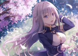 Rule 34 | .com (bot com1), 1girl, 86 -eightysix-, antenna hair, blue eyes, breasts, cherry blossoms, commentary request, hair intakes, long hair, looking at viewer, medium breasts, military, military uniform, petals, sidelocks, solo, uniform, vladilena millize, white hair