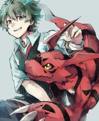 Rule 34 | 1boy, bad id, bad pixiv id, black eyes, body markings, character request, colored skin, digimon, digimon (creature), green hair, grey background, guilmon, hatching (texture), highres, male focus, monster, parted lips, red skin, short hair, simple background, sketch, smile, tail, takase (takase1214), teeth, white wristband, wristband, yellow eyes
