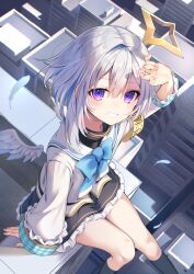 Rule 34 | 1girl, absurdres, amane kanata, building, dress, feathers, fuyoyo, grey hair, hand over head, highres, hololive, long hair, long sleeves, looking at viewer, outdoors, purple eyes, sitting, smile, solo, turtleneck, turtleneck dress, virtual youtuber, wings