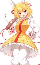 Rule 34 | 1girl, absurdres, blonde hair, blunt bangs, commentary request, double bun, dress, hair bun, haniwa (statue), head scarf, highres, jewelry, joutouguu mayumi, long sleeves, looking at viewer, magatama, magatama necklace, musical note, necklace, open mouth, short hair, simple background, solo, standing, tksand, touhou, white background, yellow dress, yellow eyes