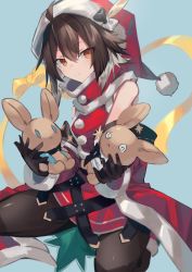 Rule 34 | 1girl, :&lt;, @ @, ahoge, alternate costume, amiya (arknights), animalization, arknights, black gloves, black pantyhose, brown eyes, brown hair, character doll, closed mouth, commentary request, doctor (arknights), fur-trimmed headwear, fur trim, gloves, hat, looking at viewer, multicolored hair, pantyhose, plume (arknights), red hat, santa costume, santa hat, sasa onigiri, short hair, smile, solo, stuffed animal, stuffed rabbit, stuffed toy, two-tone hair, white hair