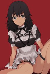 Rule 34 | 1girl, alternate costume, andou (girls und panzer), apron, black dress, black hair, black panties, black ribbon, brown eyes, chest harness, closed mouth, collared dress, dark-skinned female, dark skin, dress, enmaided, girls und panzer, harness, leaning to the side, light smile, looking at viewer, maid, maid apron, medium hair, messy hair, neck ribbon, o-ring, o-ring bottom, o-ring panties, panties, pantyshot, puffy short sleeves, puffy sleeves, red background, ribbon, short dress, short sleeves, simple background, sitting, solo, tan (inka), underwear, white apron