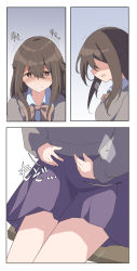 Rule 34 | 1girl, absurdres, black sweater, blue skirt, blush, border, bow, bowtie, braid, breasts, bright pupils, brown bow, brown bowtie, brown hair, chair, closed mouth, collared shirt, comic, embarrassed, female focus, hair between eyes, half-closed eyes, have to pee, highres, japanese text, long hair, long sleeves, lower body, miniskirt, multiple views, on chair, open mouth, original, pleated skirt, red eyes, school uniform, shirt, sidelocks, sideways mouth, sitting, skirt, small breasts, speech bubble, split mouth, straight-on, sweat, sweater, translation request, trembling, upper body, watakarashi, wavy mouth, white border, white pupils, white shirt