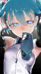 Rule 34 | 1girl, adjusting hair, aqua eyes, armpits, bare shoulders, blue eyes, blue hair, blush, breasts, colored eyelashes, detached sleeves, eyebrows, glowing, glowing eyes, hair between eyes, hair ornament, half-closed eyes, hand in own hair, hatsune miku, highres, long hair, looking away, meme, mouth hold, necktie, necktie in mouth, nose blush, rsk (tbhono), shirt, sleeveless, sleeveless shirt, small breasts, solo, twintails, unzipped, upper body