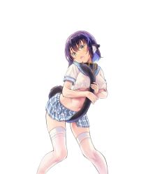 Rule 34 | 1girl, animal ear fluff, animal ears, between legs, black collar, breasts, collar, commentary request, crop top, fang, head tilt, highres, holding own tail, indie virtual youtuber, kiyama satoshi, kuroike momimi, leaning forward, looking at viewer, medium breasts, miniskirt, navel, open mouth, plaid, plaid skirt, pleated skirt, purple hair, shirt, short sleeves, simple background, skirt, solo, stomach, tail, tail between legs, tareme, tearing up, timestamp, underboob, virtual youtuber, white background, white shirt, yellow eyes